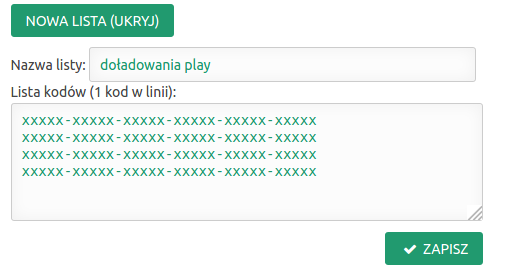 lista kodów