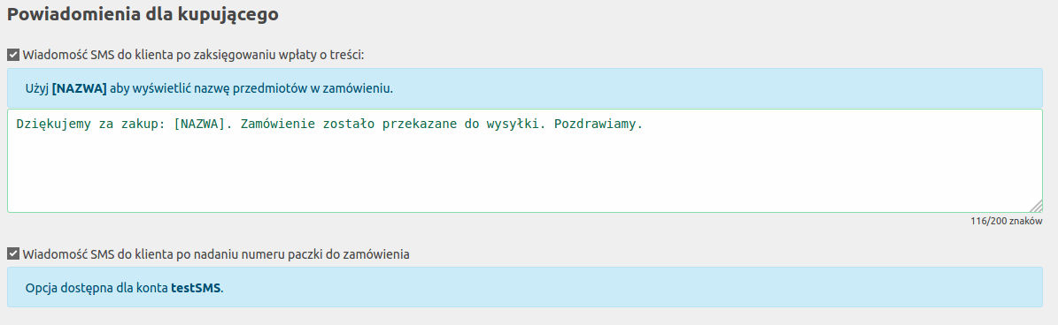 powiadomienie o wpłacie i wysyłce